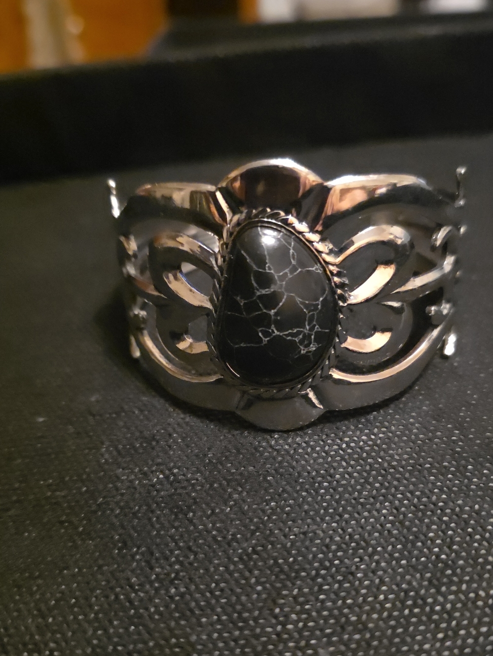 Silver-Tone Black Stone Cuff Bracelet - Women's Fashion Jewelry